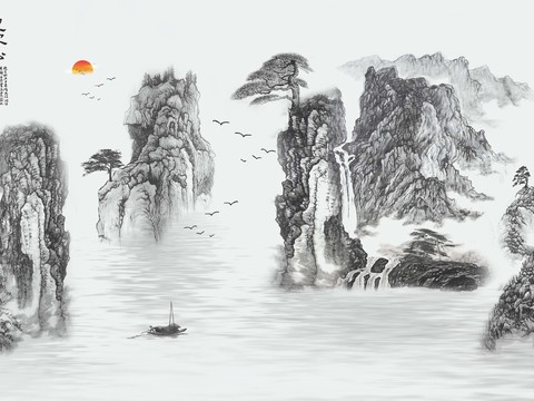 Chinese style ink painting mural