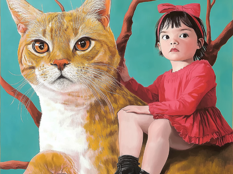 Cat and Girl Children's Painting