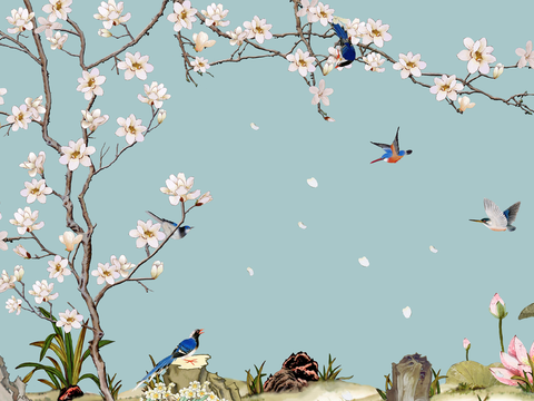 Super Qing Chinese Wallpaper Flower Bird Lotus Mural