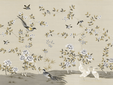 Super Qing Chinese Wallpaper Flower Bird Lotus Mural