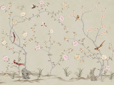 Super Qing Chinese Wallpaper Flower Bird Lotus Mural