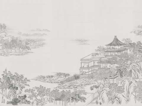 Black and white Chinese architectural mural