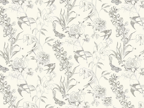 Seamless creamy-white flower and bird print wallpaper