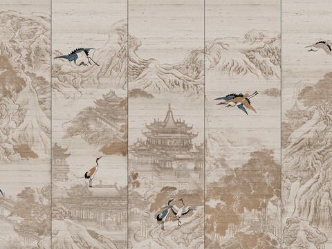 Chinese Landscape Flying Crane Mural