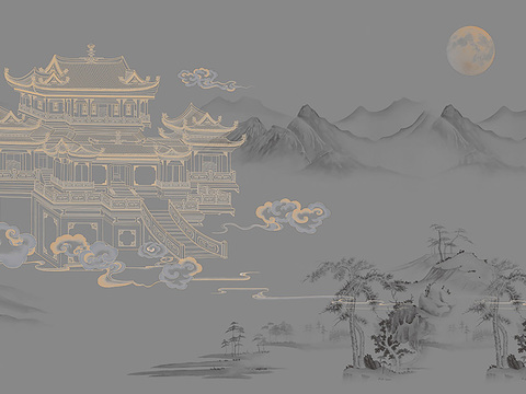 New Chinese Mountain Pavilion Hanging Painting