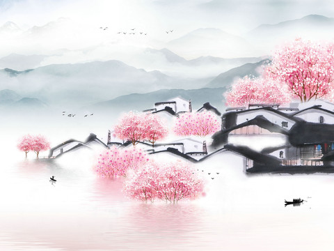 Chinese style cherry blossom pastoral landscape wallpaper