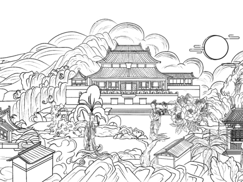 New Chinese-style abstract architectural lines mural