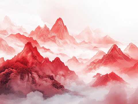 New Chinese red landscape mural