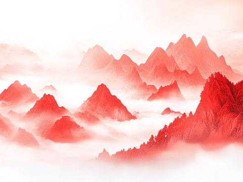 New Chinese red landscape mural