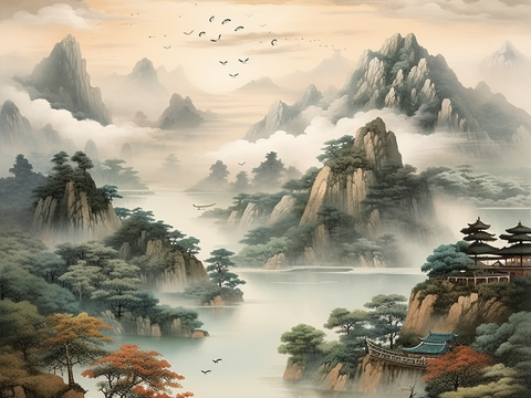 New Chinese Mountain Feng Shui Zen Wallpaper