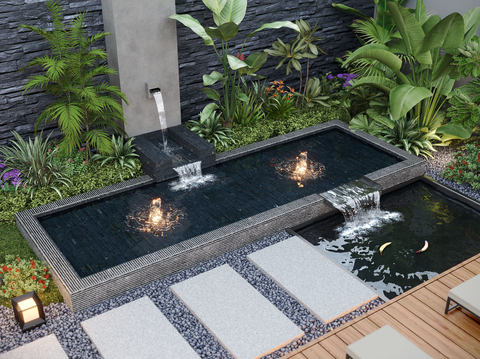 Modern courtyard water feature stacked water fish pond