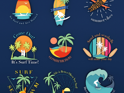 Trendy Retro Tropical Seaside Surfing Summer Seaside Beach Vacation Illustration