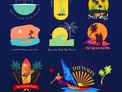 Trendy Retro Tropical Seaside Surfing Summer Seaside Beach Vacation Illustration