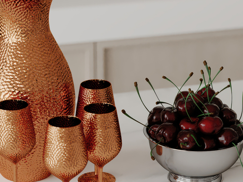 Wine bottle goblet fruit plate