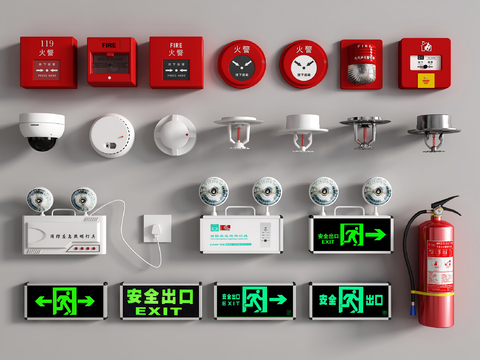 Fire alarm, smoke detector, fire sprinkler, fire extinguisher