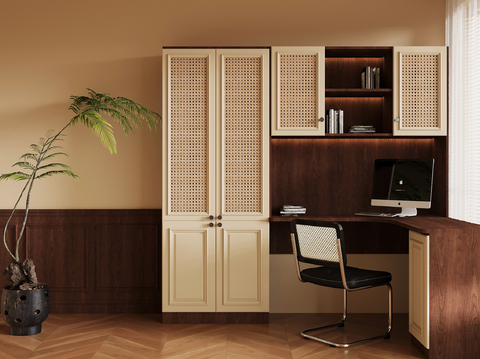 Mid-century Style Bookcase Desk Integrated Cabinet