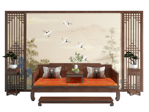 Neo-Chinese Style Sofa Wall Living Room Sectional Sofa