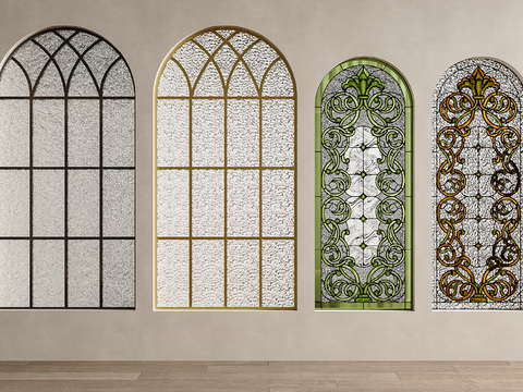 French windows, floor-to-ceiling windows, curved windows, decorative glass windows