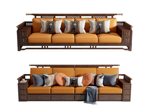 Neo-Chinese Style Straight Row Sofa Multi-Person Sofa