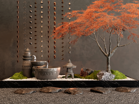 Courtyard sketch rain chain running water bowl cobblestone floor