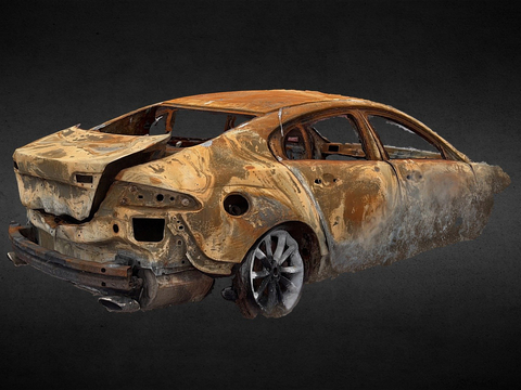 Burned car wreckage