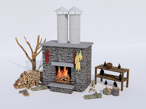 modern fireplace stove wood pile