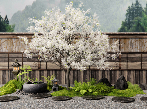 Japanese Garden Landscape Sketch Water Pot Ting Step