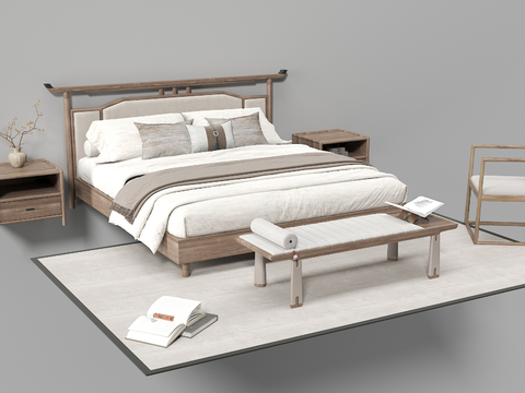 New Chinese Double Bed Fabric Bed Solid Wood Bed