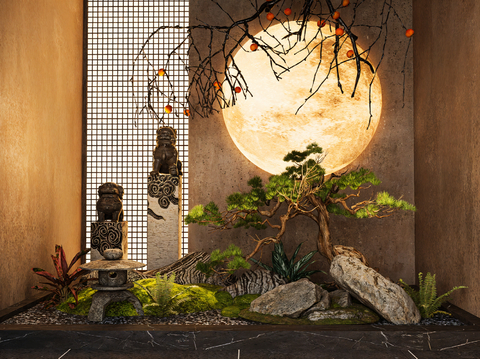 Neo-Chinese Style landscape sketch indoor landscaping crane stone bamboo