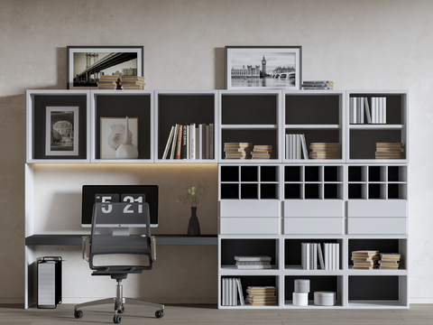 One-piece bookcase, desk and chair