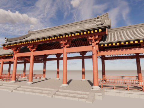 Chinese-style rest corridor hanging over the top of the ancient building