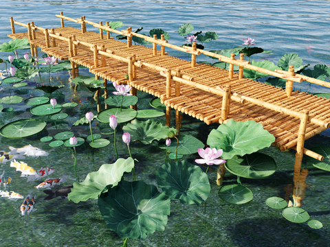 Lotus lotus leaf pond wooden plank road fish pond fish pond