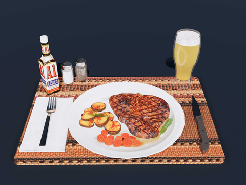 steak beer knife and fork whiskey salt pepper