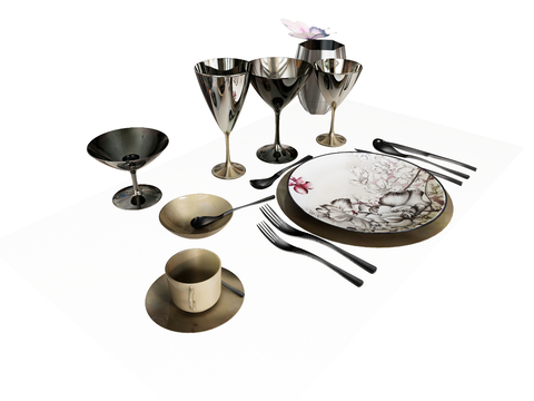 Tableware Dinner Plate Cup Wine Glass Knife and Fork