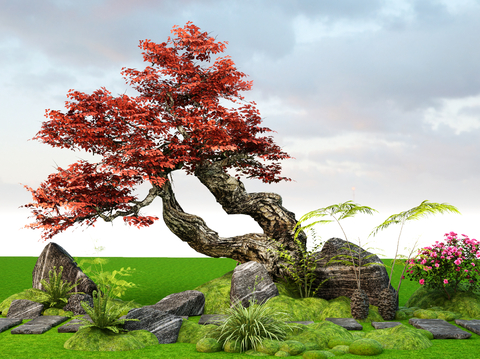 landscape modeling old tree arbor courtyard red leaf tree old pile tree