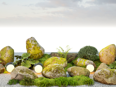 Modern landscape micro-terrain moss stone plant ground