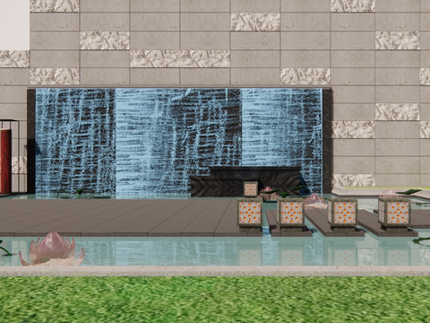 Water curtain wall flowing water waterfall lotus pond