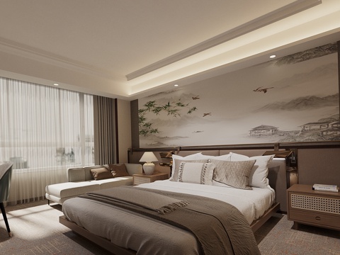 Neo-Chinese Style Home Bedroom Mid-century Style Elder Room Second Bedroom Middle Style Bedroom Bed Bedroom Double Bed