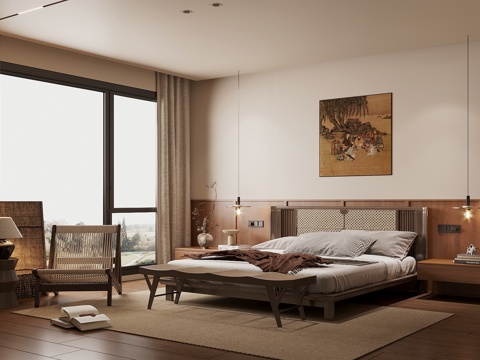 Mid-century Style Home Bedroom Middle Ancient Style Elder Room Second Bedroom Middle Ancient Style Bedroom Bed Middle Bedside Table