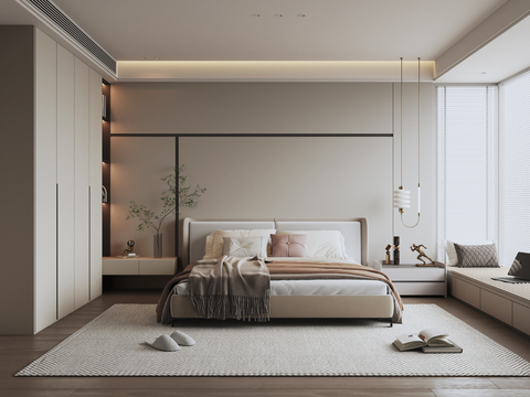 Modern Simple Home Bedroom Master Bedroom Second Bedroom Bay Window Bedroom Double Bed Bedside Table