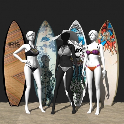 Modern bikini model surfboard combo