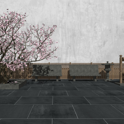 Neo-Chinese Style cherry tree stone bench fence combination