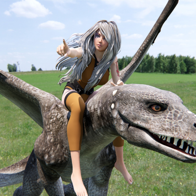 Modern female warrior riding a flying dragon