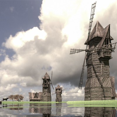 European-style windmill waterfront landscape