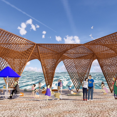 Modern seaside hyperbolic shell pavilion