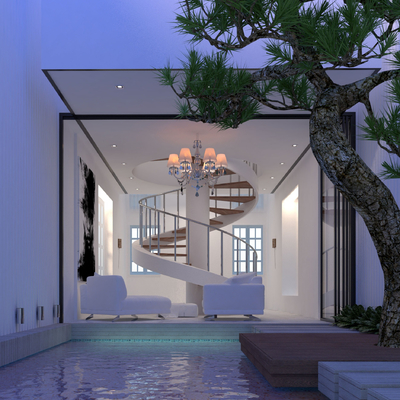 Modern villa courtyard night view