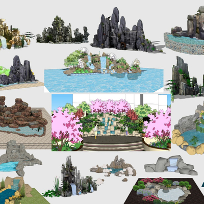 New Chinese rockery falling water scenery sketch