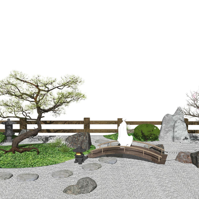 Japanese-style rockery small bridge green plant landscape sketch