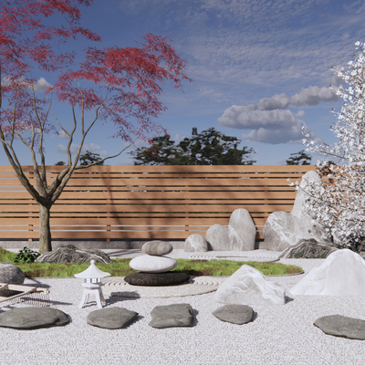 Japanese-style rockery landscape sketch with red leaves and green plants