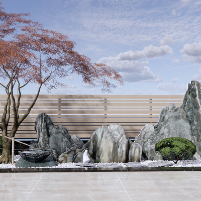 Japanese-style rockery red maple landscape sketch